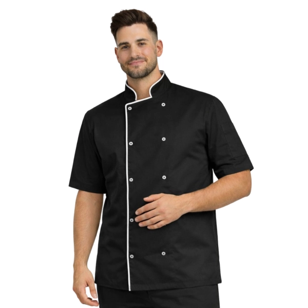 Bluza kucharska czarna na zatrzaski krótki rękaw lamówka biała roz.XXL – bluza kucharska – odzież gastronomiczna dla kuc